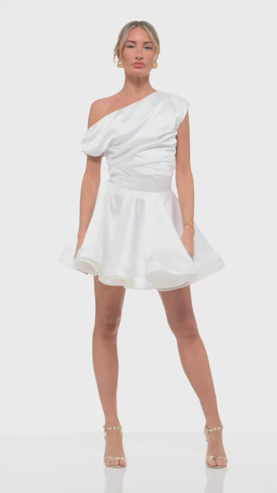 Short bridal dress by RHOEN – ivory one-shoulder mini gown perfect for wedding after-party, rehearsal dinner, or engagement celebrations.