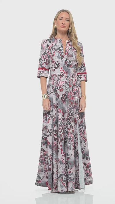 RHOEN red and grey animal print maxi dress – elegant floor-length gown with deep V-neckline, tailored bodice, three-quarter sleeves, and dramatic leg split. Designed by Rebecca Rhoades.